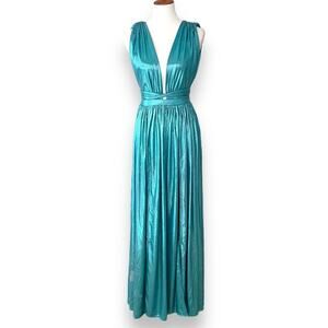 Bronx & Banco Pacific Blue Deep V-Neck Romi Metallic Goddess Gown US 8 | Large